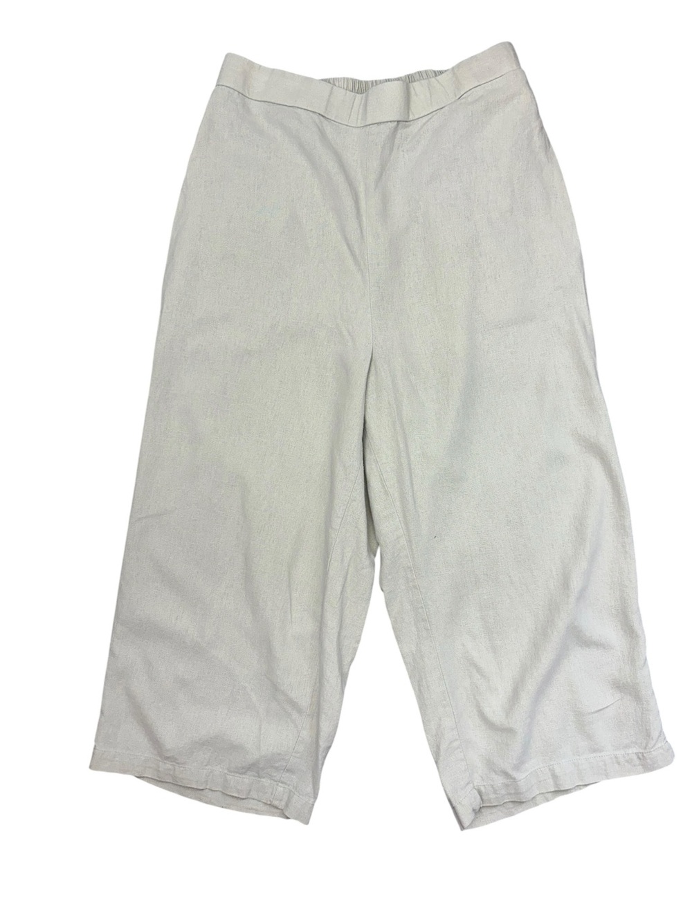 Woman Within Pants 12W Beige Linen Blend Wide Leg Cropped Elastic Waist Casual